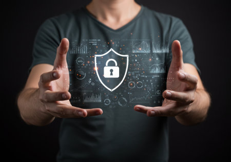 A person in a dark shirt holds out their hands, presenting a glowing digital shield with a padlock symbol, symbolizing data protection.の素材