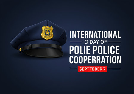 A police cap with a badge is displayed next to text celebrating the International Day of Police Cooperation on September 7.の素材