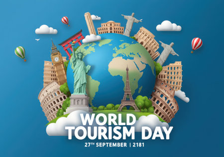 A vibrant illustration showcasing famous global landmarks, hot air balloons, and airplanes, symbolizing the spirit of world tourism.の素材