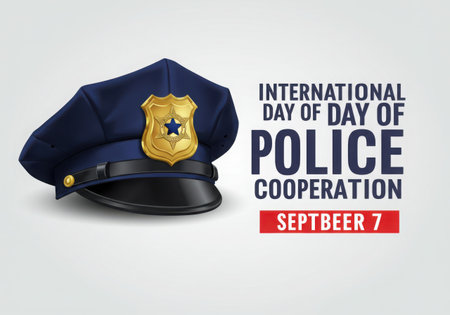 A navy blue police cap with a gold badge sits next to text celebrating International Day of Police Cooperation on September 7th.の素材
