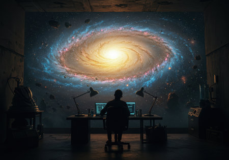 A lone figure sits at a desk, illuminated by the glow of a computer screen, facing a large projection of a vibrant spiral galaxy.の素材