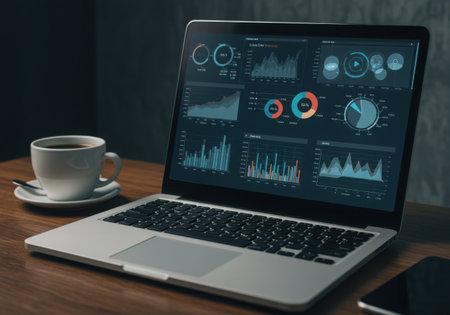 A modern laptop screen showcases intricate data visualizations, charts, and graphs. A white coffee cup sits on a saucer beside it, suggesting work or study.の素材
