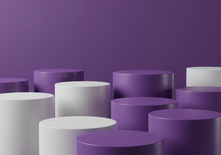A collection of cylindrical pedestals in varying heights and sizes, arranged in an abstract composition against a solid purple background.の素材