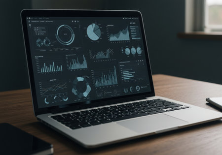 A modern laptop screen showcases a variety of charts, graphs, and data visualizations, suggesting financial analysis or business intelligence.の素材
