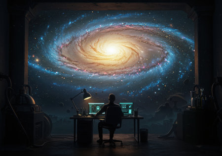 A lone figure sits at a computer desk, bathed in the light of a stunning, vibrant spiral galaxy projected on a large screen.の素材