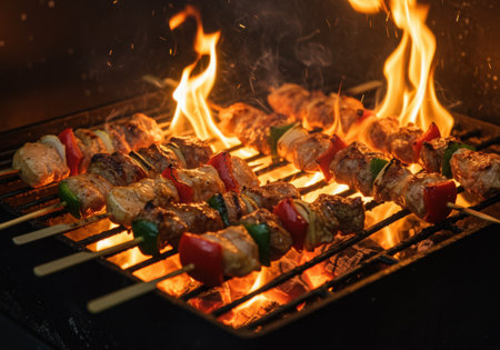 Juicy meat and colorful vegetable skewers are being cooked over a hot grill with vibrant flames, creating an appetizing outdoor cooking scene.の素材