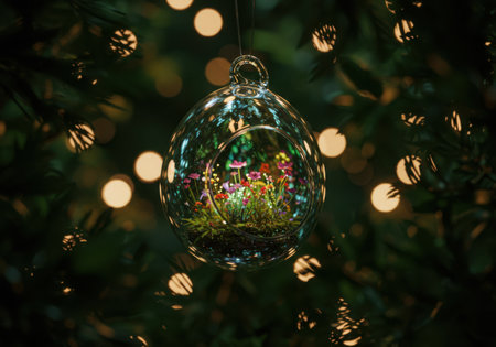 A clear glass Christmas ornament hangs on a tree, reflecting colorful lights and miniature festive scenes, surrounded by blurred bokeh lights.の素材