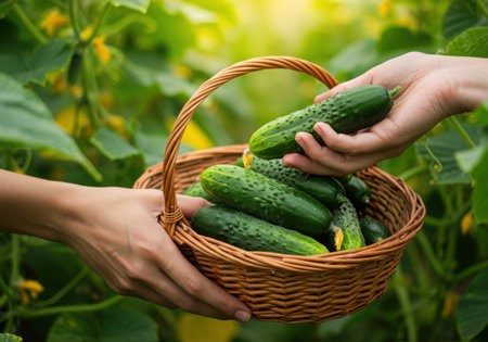 Two hands are shown harvesting fresh green cucumbers and placing them into a rustic woven basket surrounded by lush garden foliage.の素材