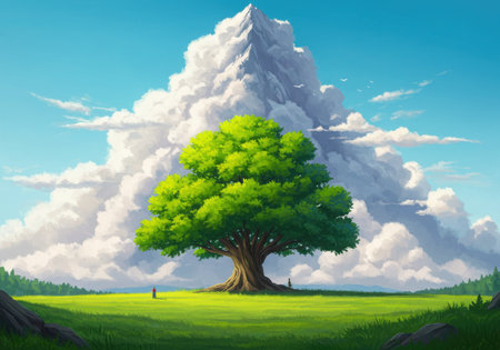 A vibrant green tree dominates a lush field, set against a backdrop of immense, white clouds under a clear blue sky.の素材