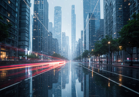A wet city street at night with streaks of car lights and reflections of skyscrapers in the puddles.の素材
