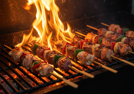 Skewers of meat and vegetables are grilling over an open flame, creating a smoky and appetizing outdoor cooking scene.の素材