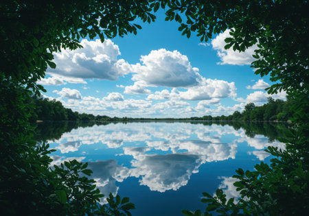 A tranquil lake perfectly mirrors a vibrant blue sky filled with dramatic white clouds, framed by lush green foliage.の素材