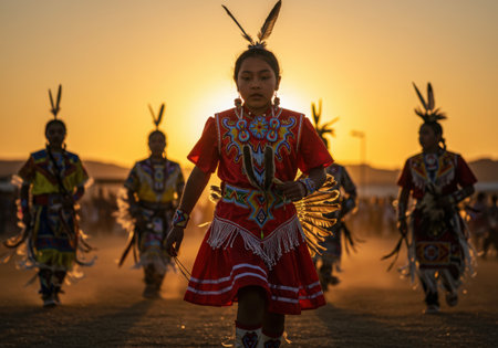 A young Native American girl in traditional regalia leads a procession of dancers at sunset, with feathers in her hair and vibrant clothing.の素材