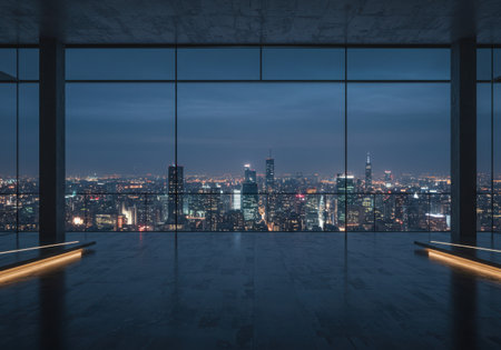 View from a sleek, modern office space with large windows showcasing a vibrant city skyline illuminated by twilight and city lights.の素材