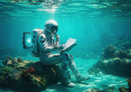 An astronaut in a spacesuit sits on a coral reef, reading a book. Sunlight filters down through the clear turquoise water.の素材