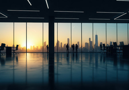 Silhouettes of people stand in a modern office space, gazing at a vibrant sunrise illuminating a distant city skyline.の素材