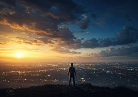 A lone figure stands on a hill, silhouetted against a breathtaking sunset, overlooking a sprawling city illuminated by the fading light.の素材