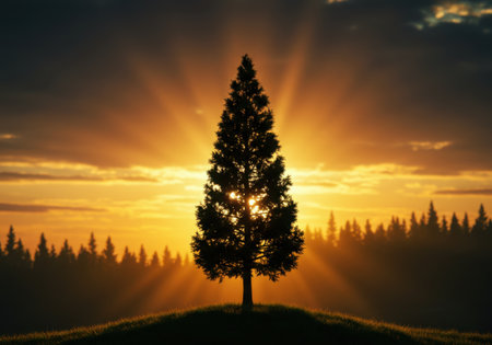 A solitary evergreen tree stands silhouetted against a dramatic sunset, with radiant sunbeams piercing through the clouds and illuminating the landscape.の素材