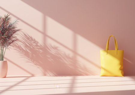 A minimalist scene featuring a yellow tote bag and dried floral arrangement against a soft pink wall with dramatic light and shadow patterns.の素材
