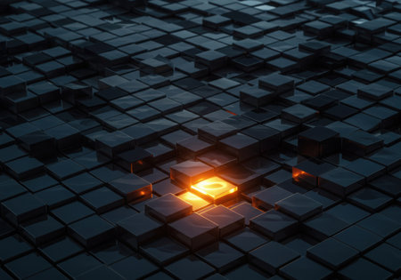 A dark, textured surface composed of many cubes, with a central cluster of bright, glowing orange cubes creating a focal point.の素材