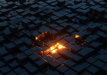 A bright, molten explosion erupts from a grid of dark, textured cubes, creating a dramatic contrast of light and shadow.の素材