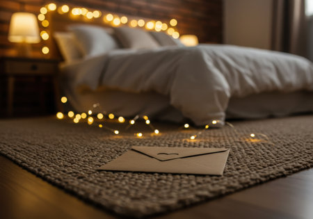 An envelope rests on a carpet in a cozy bedroom, illuminated by soft string lights, creating a warm and inviting atmosphere for a romantic surprise or message.の素材