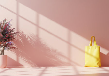 A clean, minimalist composition featuring a golden bottle and delicate dried flowers against a soft pink wall with dramatic light and shadow patterns.の素材
