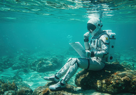 An astronaut in a white suit sits on rocks underwater, reading a book. The water is clear and blue, with coral visible.の素材