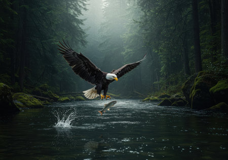 A majestic bald eagle swoops down to catch a fish in a dark, misty forest river, creating a dramatic natural scene.の素材