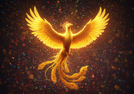 A radiant, golden phoenix with outstretched wings and flowing tail feathers emerges from a dark, speckled background, symbolizing rebirth and power.の素材