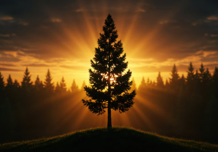 A lone evergreen tree stands tall on a hill, its silhouette stark against a dramatic sunset with radiating sunbeams.の素材