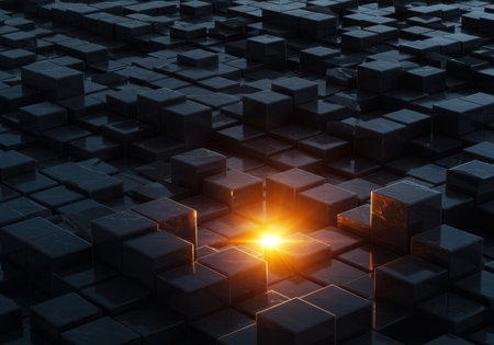 A single, intense orange light source radiates, illuminating a vast, dark, and abstract cityscape composed of numerous geometric cubes.の素材
