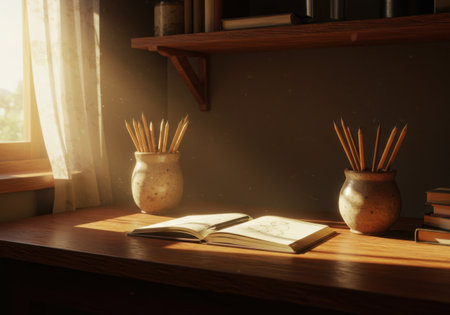 A cozy desk bathed in warm sunlight, featuring an open book and jars filled with art brushes, evoking a sense of creative inspiration.の素材
