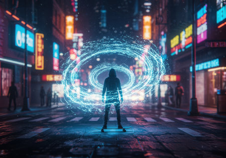 A lone figure stands silhouetted against a vibrant, swirling energy portal in a futuristic, neon-lit city street.の素材