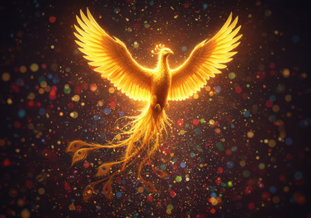 A radiant golden phoenix with outstretched wings rises from a dark background, surrounded by shimmering particles and glowing embers.の素材