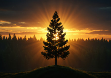 A single pine tree stands tall on a hill, back-lit by a vibrant sunset with rays of light breaking through the clouds.の素材