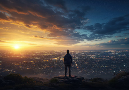 A solitary person stands on a hilltop, overlooking a sprawling city as the sun sets, casting vibrant colors across the clouds.の素材