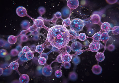 A complex, interconnected network of translucent spheres in shades of purple and blue, resembling a biological or chemical molecule.の素材