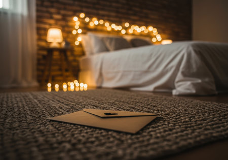 A letter with a heart detail rests on a carpet in a cozy bedroom, illuminated by soft string lights, creating a warm and inviting atmosphere for a romantic message.の素材