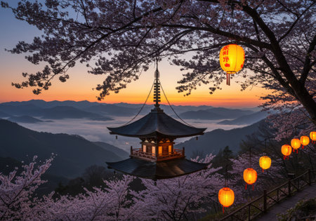 A serene Japanese pagoda nestled among blooming cherry trees, illuminated by warm lanterns against a vibrant sunrise sky.の素材
