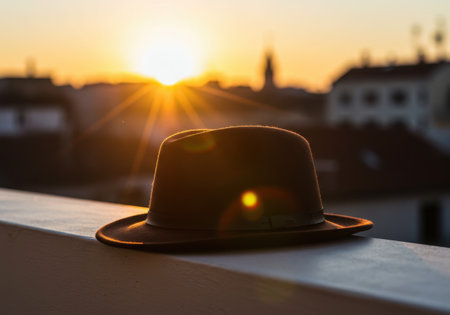 A dark fedora hat sits on a railing, catching the warm glow of a setting sun with rays beaming through its brim.の素材