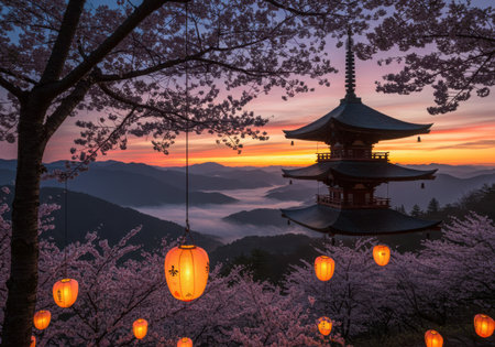 A picturesque scene of a traditional Japanese pagoda surrounded by blooming cherry blossom trees and glowing paper lanterns during a vibrant sunrise.の素材