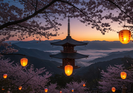 A serene scene featuring a traditional Japanese pagoda, glowing lanterns, and blooming cherry blossoms against a colorful sunset sky.の素材