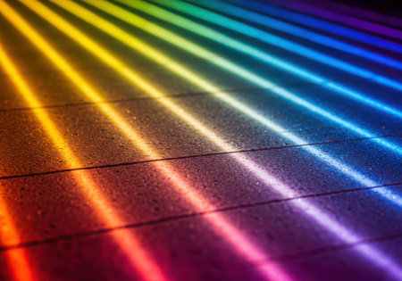 Diagonal stripes of vibrant rainbow colors illuminate a textured, possibly stone or wood, surface, creating a dynamic visual effect.の素材