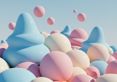 A surreal, dreamlike scene featuring a collection of pastel-colored Easter eggs and soft, conical shapes against a light blue sky.の素材