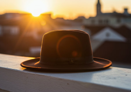 A classic brown fedora hat rests on a railing, bathed in the warm glow of a setting sun with a city skyline in the background.の素材