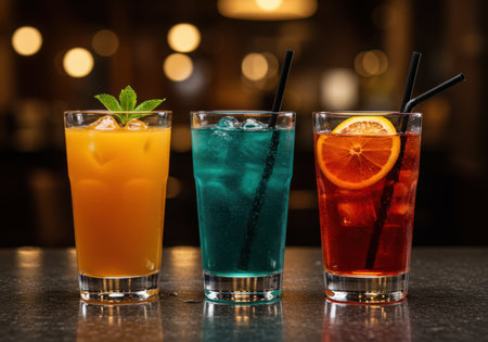 Three tall glasses filled with vibrant cocktails, garnished and served on a bar counter, with blurred background lights creating a warm atmosphere.の素材