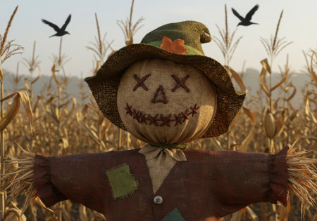 A charming scarecrow with a stitched smile and X eyes stands guard in a golden cornfield. Two crows fly in the sky.の素材