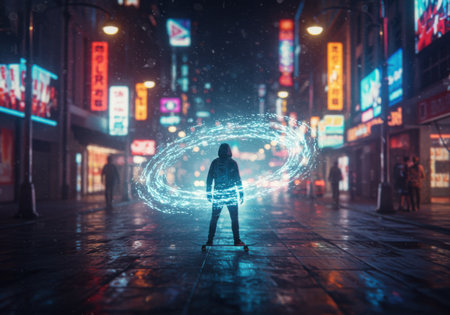 A lone figure stands in a wet, neon-lit street, enveloped by a swirling vortex of blue energy, evoking a futuristic or magical atmosphere.の素材