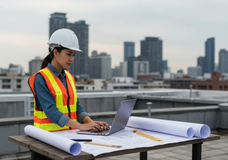 A woman in a hard hat and safety vest reviews blueprints and uses a laptop on a table with a city skyline in the background.の素材